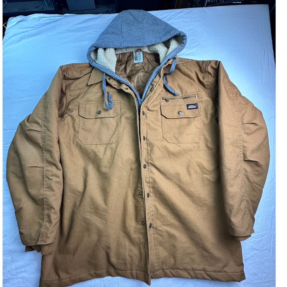 Genuine Dickies Mens 2XL Brown Canvas Hooded Work Jacket Sherpa Lined RN123187